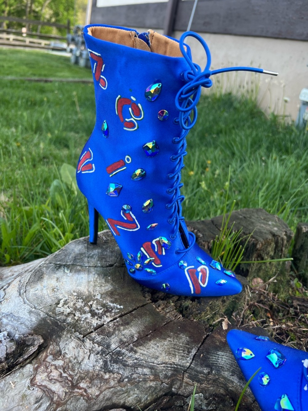 Custom| Qupid Royal Blue Jeweled Lace-Up Pointed Toe Heeled Boots